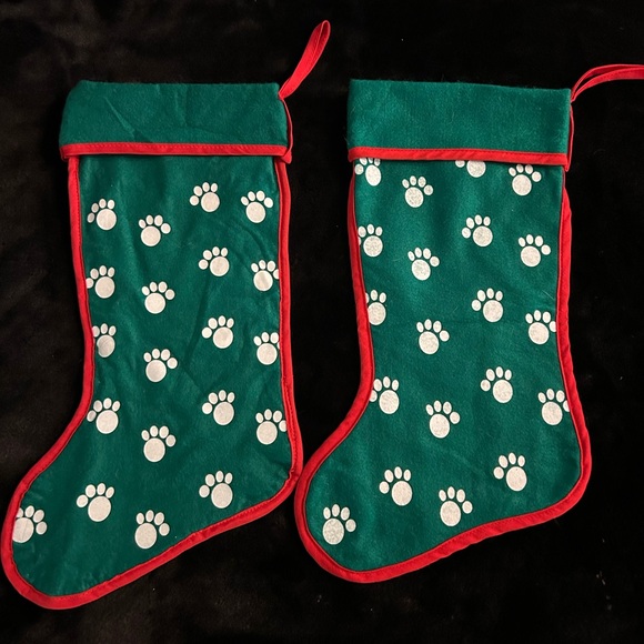 2 Dog or Cat Christmas Stockings. Green, Red, & White Dog/Cat Paw Prints. - Picture 1 of 4
